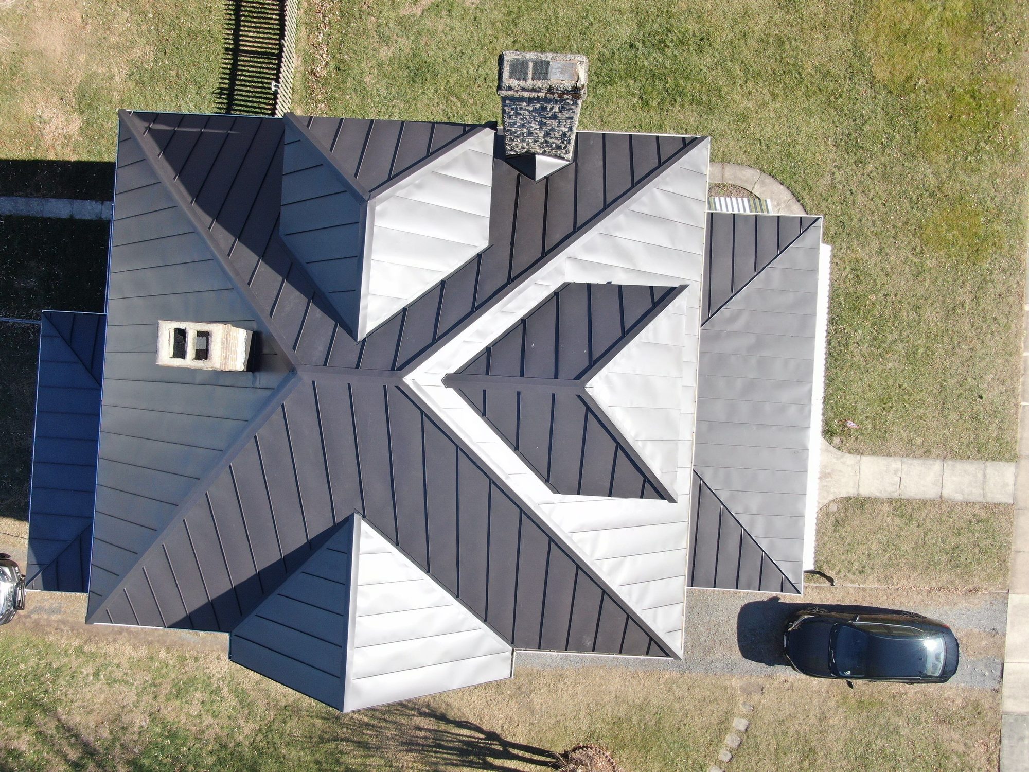 Overhead view of intersecting standing-seam hips